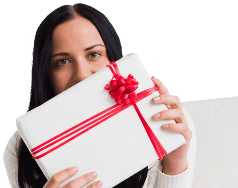 Woman Holding Transparent Gift Box with Red Ribbon