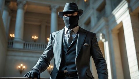 masked man in suit at grand neoclassical hall - Download Free Stock Images Pikwizard.com