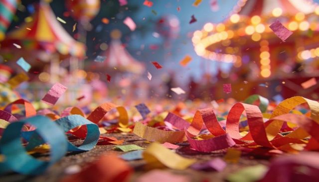 Vibrant carnival streamers and confetti scattered on pavement with blurred carousel lights