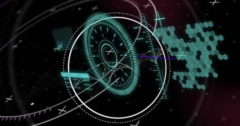 Visual portraying futuristic digital interface with holographic elements against black backdrop, ideal for themes about high technology, digital transformation, and business progress. Useful for presentations, technology-related content, or promoting software development companies, emphasizing cutting-edge graphical design.