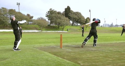Cricket players in intensified match on lush green field