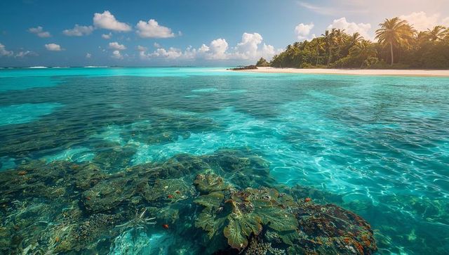 Turquoise lagoon revealing fringing coral reef and palm-lined tropical beach