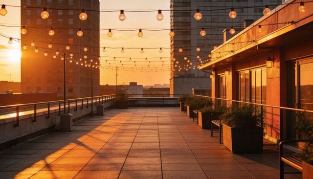 Sunset-lit rooftop terrace with string bulb lights and urban skyline walkway