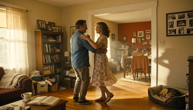 Mature couple dancing in sunlit living room, floral dress and denim, cozy home romance moment