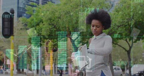 Woman checking time amidst digital business data overlay