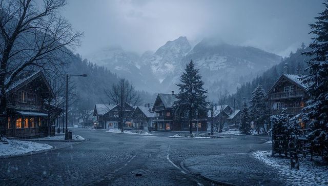 Twilight alpine village with wooden chalets and snowfall around cobblestone roundabout