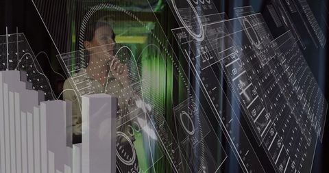 Mid-Adult Female Analyst Scanning Holographic Dashboards and 3D Bar Charts in Futuristic Server Room