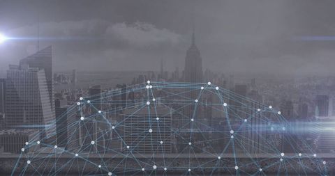 Futuristic network overlay on urban skyline