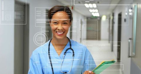 Smiling nurse holding patient files with digital HUD overlay in hospital corridor for telemedicine
