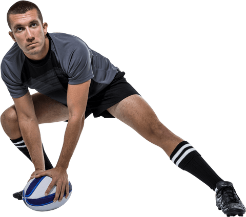 Transparent rugby player stretching with ball
