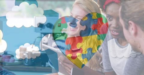 Autism Awareness Puzzle Overlay on Young Professionals Using Technology - Download Free Stock Images Pikwizard.com