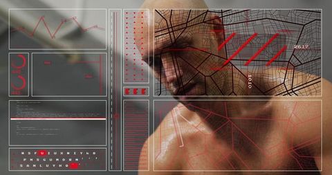 Displaying futuristic hud overlay on shirtless male torso with grid interface and analytics