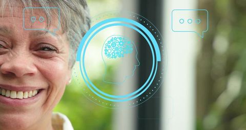 Smiling mature woman wearing collared shirt near glass window with neural brain overlay