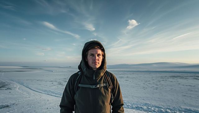 Solo hiker standing on vast snowy plain wearing parka and backpack at cold sunrise