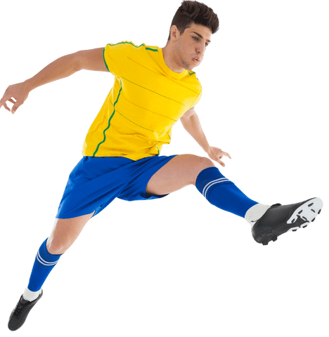Hispanic Footballer Leaping to Kick with Powerful Pose on Transparent Background