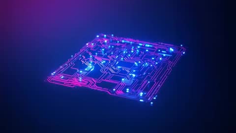 Rotating Neon Circuit Board Illuminating Digital Network