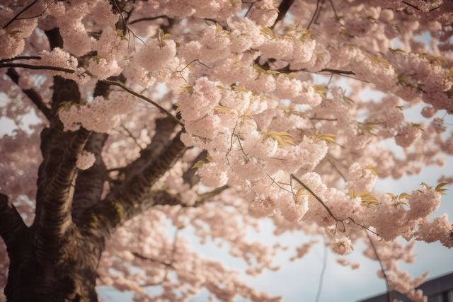 Tree full of cherry blossoms, created using generative ai technology. Cherry blossom, beauty in nature and spring concept digitally generated image.