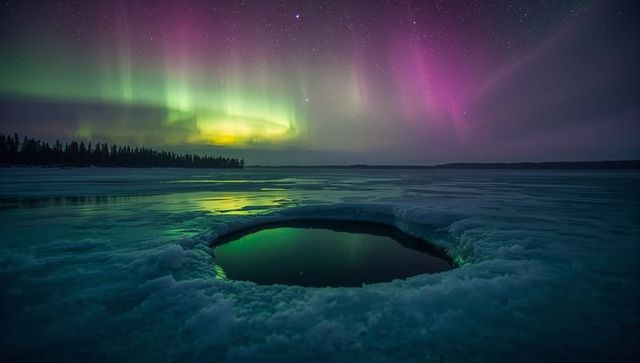 Aurora Borealis Reflecting in Ice Hole Over Frozen Lake Landscape