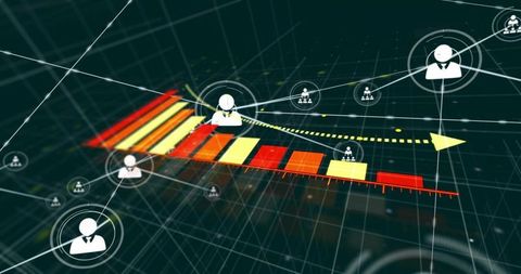Visualizing business network growth with rising 3d bar chart, connected avatars