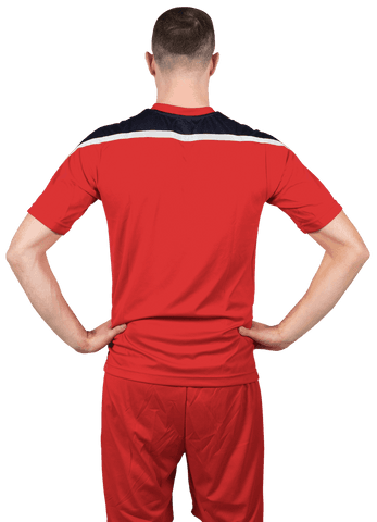 Transparent View of Athlete in Red Sportswear with Hands on Hips