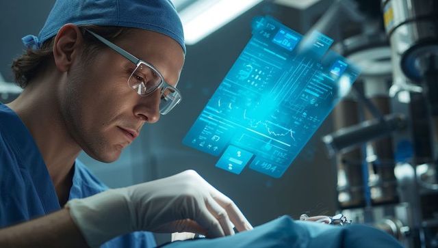 Surgeon performing high-tech surgery with augmented reality vitals and holographic data