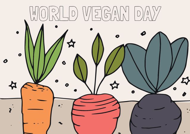 Hand-drawn illustration for World Vegan Day featuring colorful vegetables like carrots and beets. Great for promoting plant-based diets, vegan events, eco-friendly practices, and healthy eating initiatives. Ideal for use in educational materials, posters, social media posts, and banners.