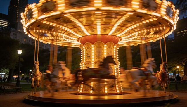 Vintage carousel glowing at dusk in urban park with blurred motion horses and warm lights