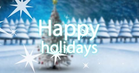 Happy holidays neon text over glowing christmas tree in snowy winter forest with stars