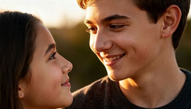 Smiling teen couple gazing at each other during golden hour romantic outdoor portrait