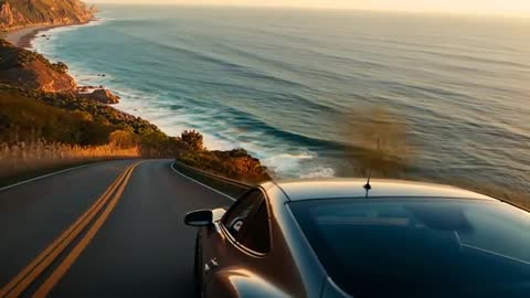 Driving silver sedan along winding coastal highway at golden hour overlooking ocean cliffs