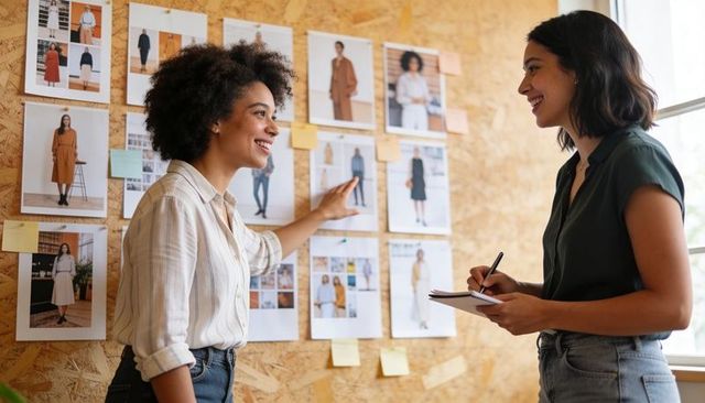 Creative fashion designers pointing at moodboard, discussing lookbook and taking notes