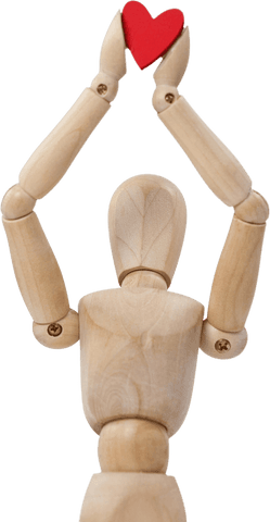 Transparent Wooden Figure Lifting Red Heart with Raised Arms