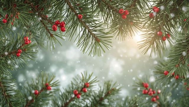 Framing Snow-dusted Pine Branches with Red Berries and Warm Sun Flare