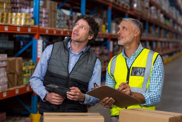 Two male warehouse workers are checking inventory in a storage facility. One is holding a clipboard and pen, while the other is using a handheld scanner. They are surrounded by shelves stocked with various goods. This image can be used for articles or advertisements related to logistics, supply chain management, warehouse operations, and industrial work environments.