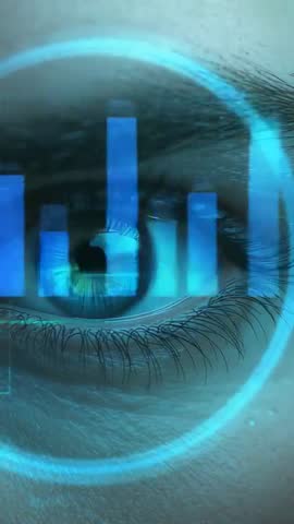 Vertical HUD iris scan video with biometric eye scanning, holographic bars and teal ring