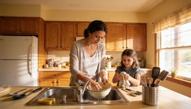 Mother and daughter washing and drying dishes together in warm sunlit kitchen