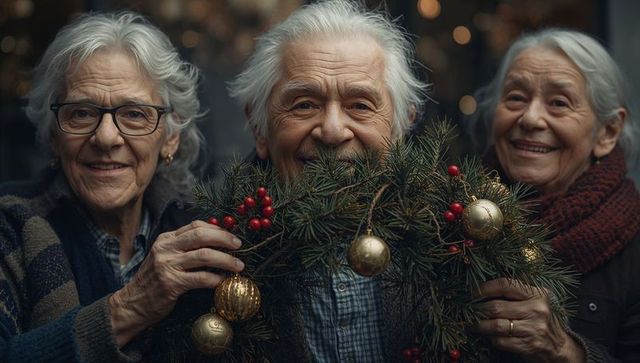 Senior Friends Celebrating Holidays with Pine Wreaths