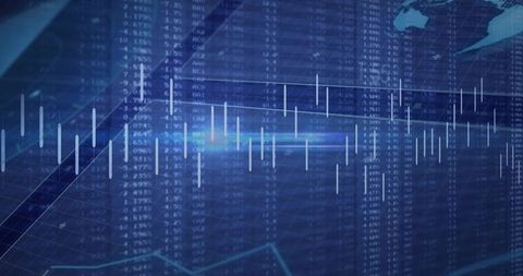 Digital financial dashboard displaying candlestick charts and blue line market trends