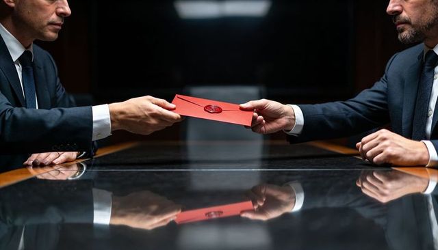 Exchanging sealed red envelope in boardroom handoff between suited businessmen confidential transfer