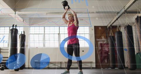 An athletic woman performing functional strength training with a kettlebell, alongside graphic overlays featuring data analytics in a modern urban gym environment. Punching bags and gym equipment are visible, emphasizing a focus on a robust fitness regime. Suitable for promoting fitness blogs, training programs, health-related campaigns, and sports equipment advertisements.