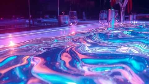 Glistening iridescent epoxy bar top reflecting neon lights with marbled swirl texture