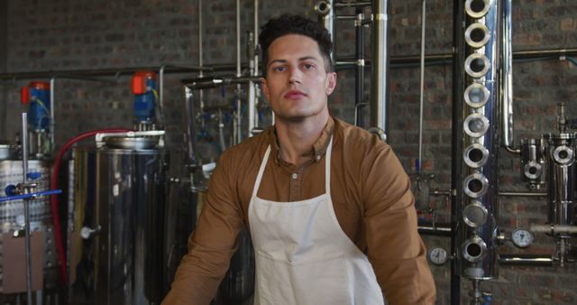 Portrait of serious caucasian man working at gin distillery, using equipment and looking to camera. work at an independent craft gin distillery business.