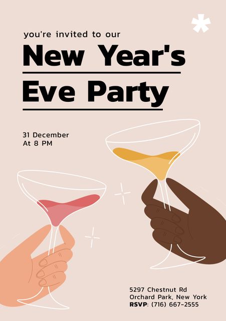 Ideal for promoting New Year's Eve parties and holiday gatherings, this invitation features hands holding drinks as they toast to the evening. Perfect for spreading the word about festive events, this can be utilized in emails, social media posts, and printed flyers.