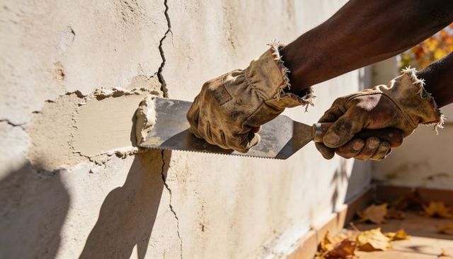 Skilled mason repairing cracked exterior wall with serrated trowel, plaster closeup