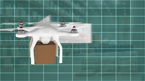 Drone with Cardboard Box Navigating Virtual Grid in Warehouse