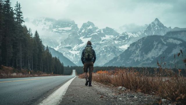 Solo hiker walking along roadside toward dramatic snow-capped mountain peaks with backpack