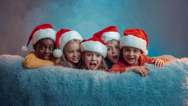 Joyful Kids in Santa Hats Celebrating Festive Season Smiling