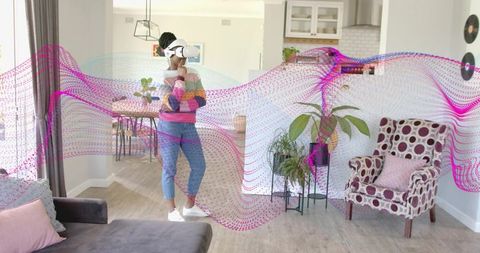 Woman Experiencing Virtual Reality at Home with Futuristic Vibes