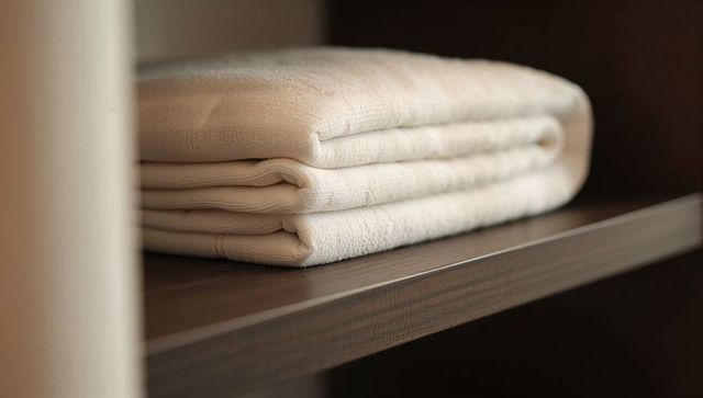 Stacked white terry towels on dark wood shelf, folded linen with visible loop texture and soft pile