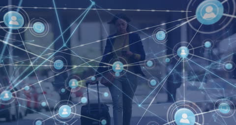 Businesswoman Walking With Networking Technology Overlay